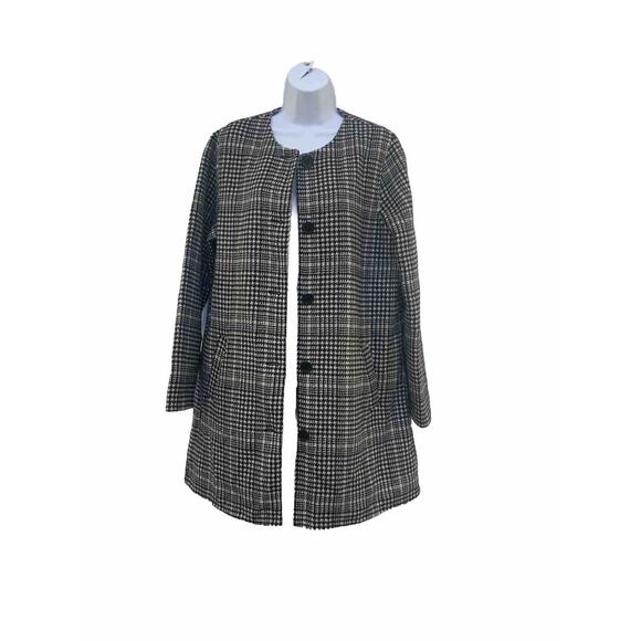 Nanette Lepore Sz Medium M Black And Tan Houndstooth Plaid Wool Blend Coat - Picture 1 of 12